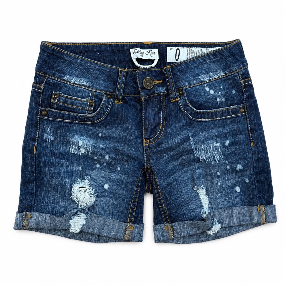 Indigo Rein Distressed Denim Shorts Women’s Size 0 Low Rise Y2K